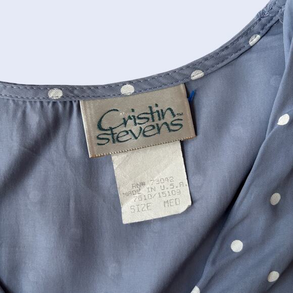 Cristin Stevens Polka Dot Button Front Blouse Blue Tie-Back V-Neck 80s M - Picture 3 of 4